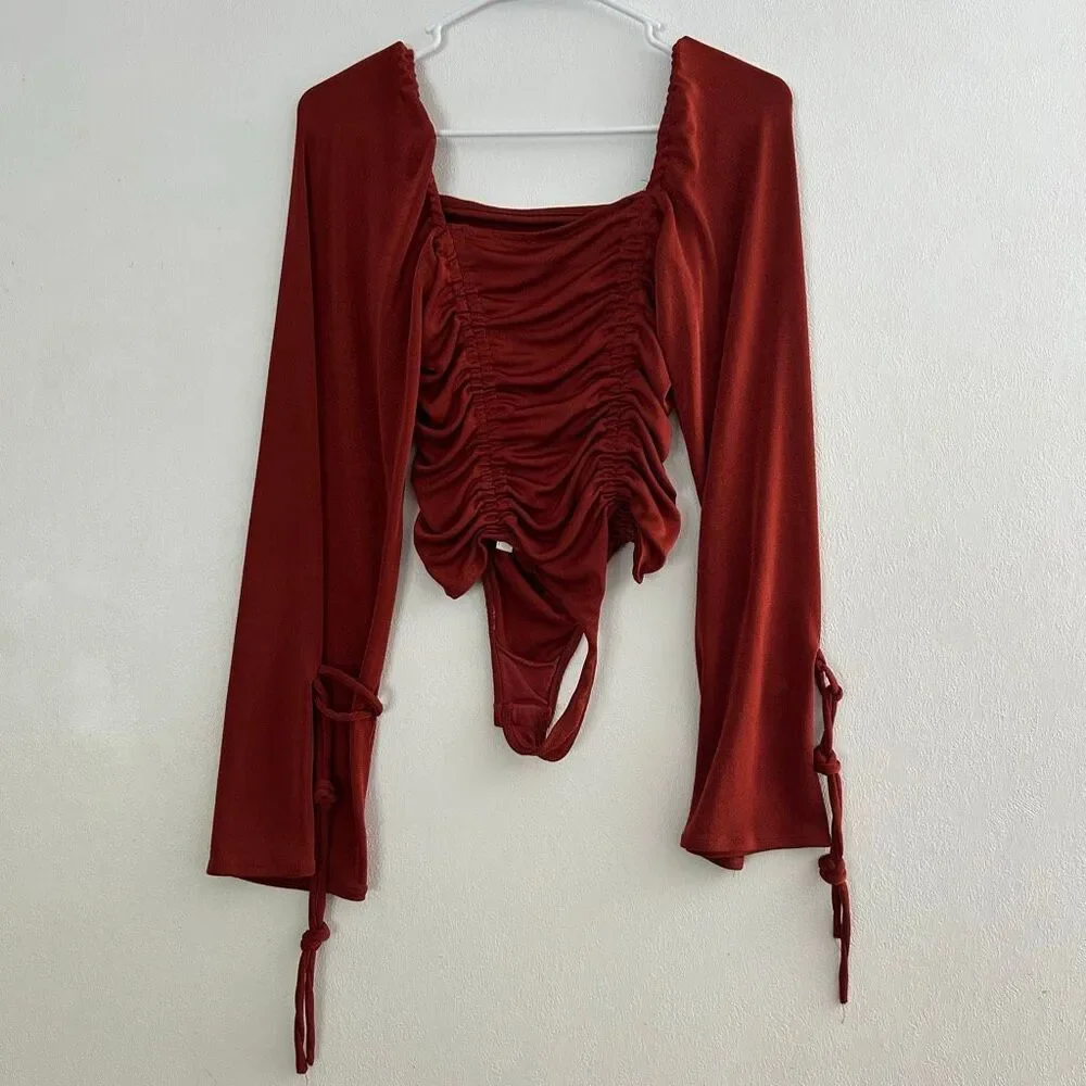 Free People XS Rust Ruched Bodysuit Bell Sleeve Boho Y2K Top